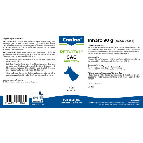 Минеральный комплекс Canina Petvital GAG для собак для суставов и тканей глюкозамин с экстрактом мидий 90 г 90 табл. Киев - изображение 2