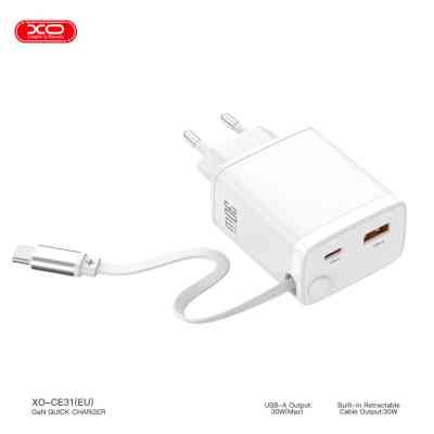 Зарядний пристрій XO 1xUSB-C + 1xUSB QC30W GaN + cable USB-C to USB-C white (XO-CE31) Вінниця