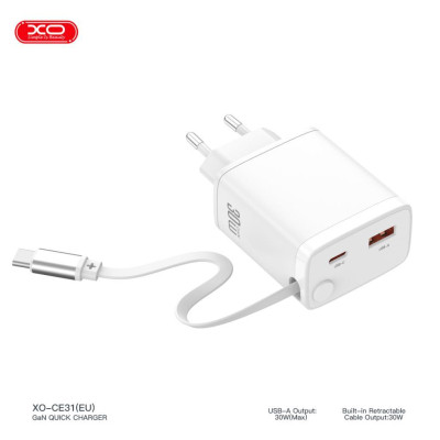 Зарядное устройство XO 1xUSB-C + 1xUSB QC30W GaN + cable USB-C to USB-C white (XO-CE31) Винница - изображение 5