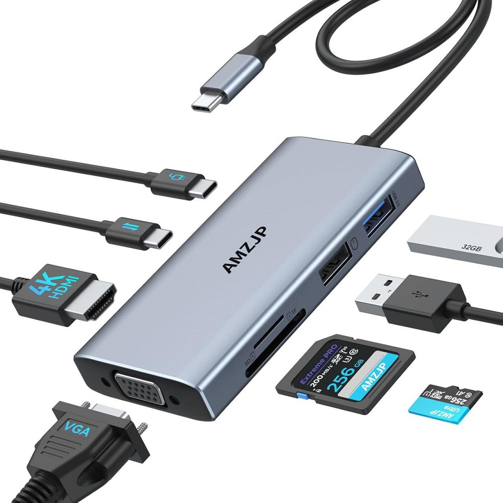 Хаб 8-в-1, многопортовый концентратор USB-C с HDMI 4K, VGA 1080p PD 100W 2xUSB-A кардридеры SD/TF док-станция Киев - изображение 1