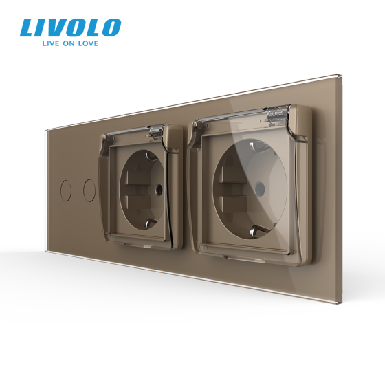 LIVOLO Сенсорний вимикач на 2 сенсори + подвійна розетка вологозахисна з кришкою IP44, з заземл Коломия