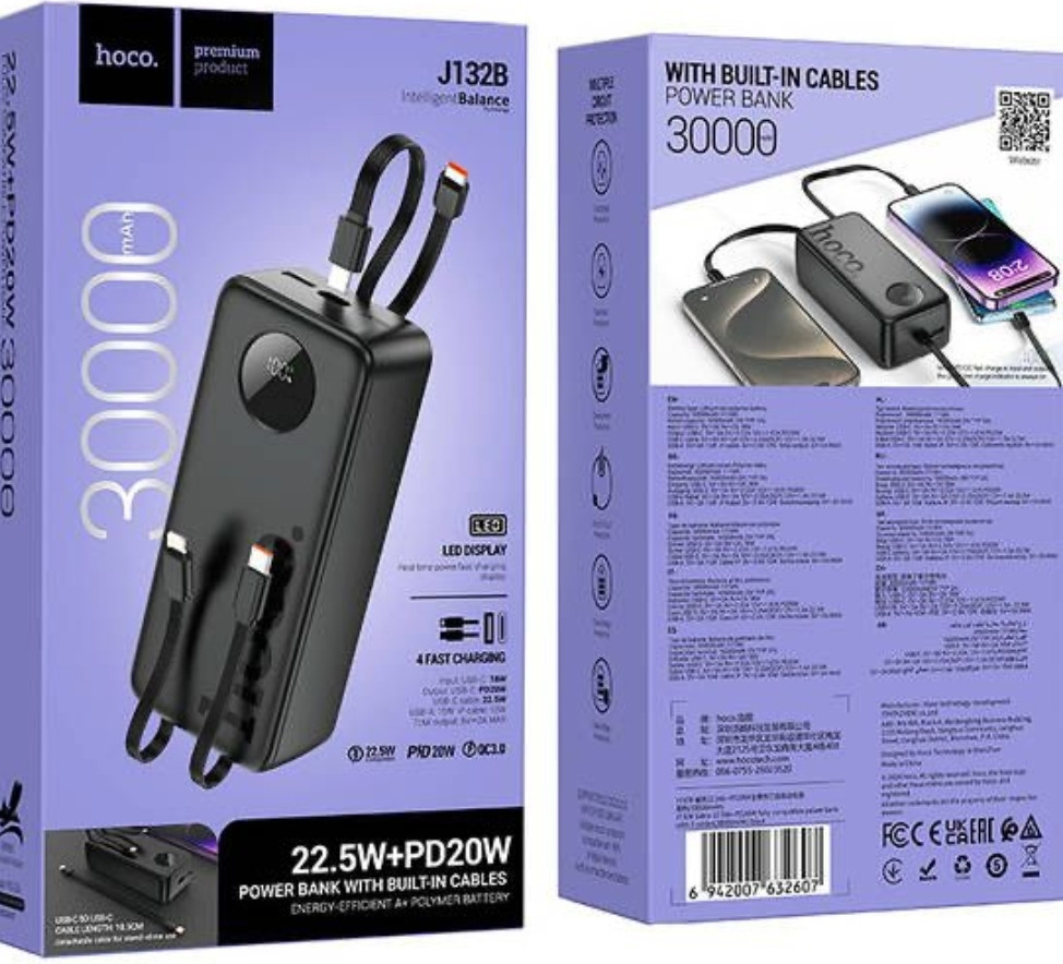 Зі швидкою зарядкою та вбудованими кабелями 30000mAh HOCO J132B є ОПТ Киев - изображение 6