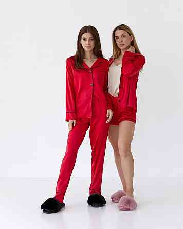 Комплект шовковий трійка сорочка з шортами і штанами Червоний S Харків