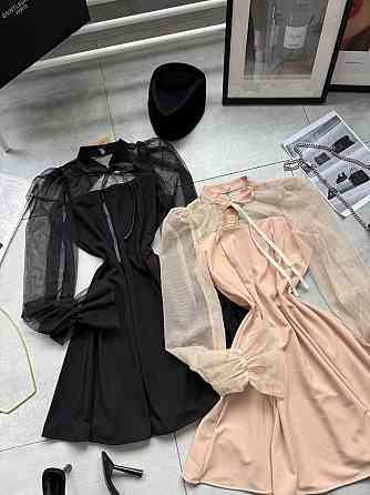 Женское нежное платье с рукавами из сеточки креп дайвинг Бежевый, 42/44 Одесса