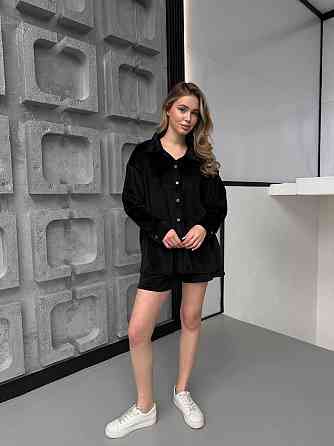 Женский прогулочный оверсайз костюм двойка: рубашка и шорты турецкий велюр спорт Черный Одесса