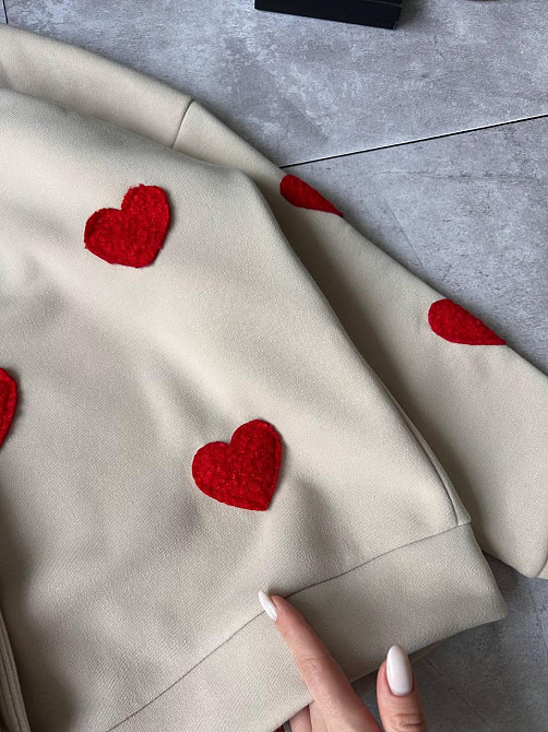 Жіночий теплий прогулянковий костюм-двійка з сердечками тринитка на флісі + ангора рубчик Беж, 50/52 Одеса - фото 4