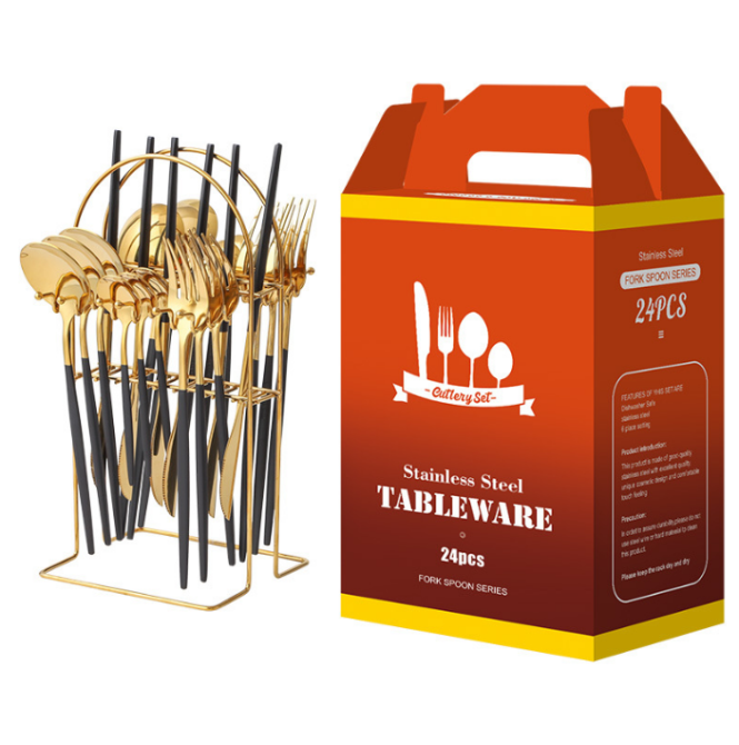 Набір тонких столових приладів 24 х 6 персон Золото з чорним Нержавіюча сталь на підставці Кременчук - фото 9