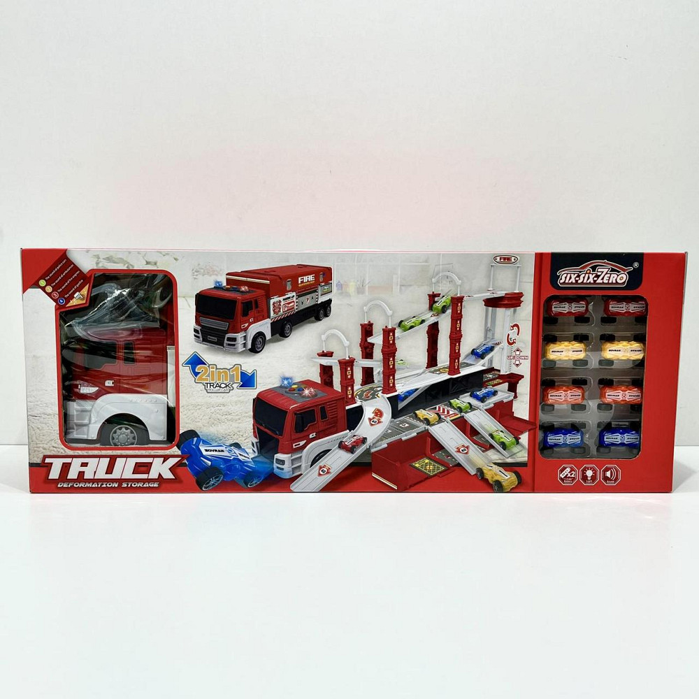 Трейлер ігровий гараж 2в1 інерційний з машинками звук світло поліція Червоний (660-S17-18) Чернігів - фото 2