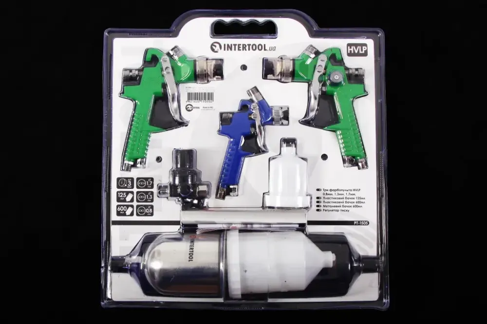 Набір кольорового пневматика з 3-х пістолетів HVLP + регулятор тиску Intertool Вінниця - фото 2