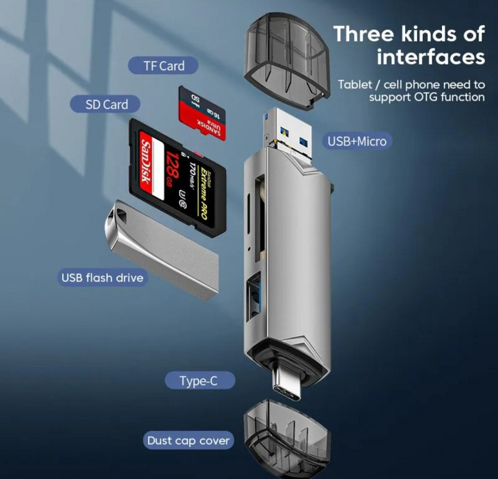 Многофункциональный кард ридер адаптер 6в1 (USB, Type-C, Micro-USB, TF, SD) Card Reader Киев - изображение 6