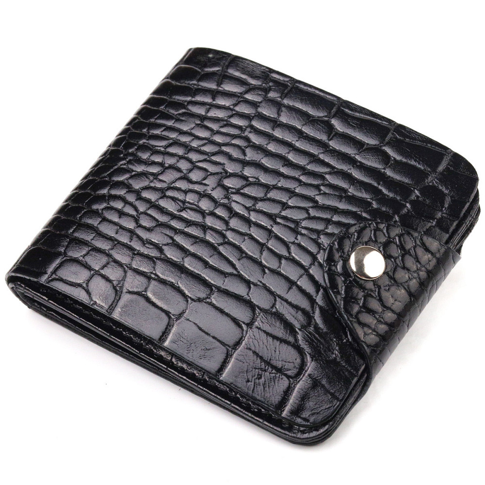 Стильное мужское портмоне в два сложения из натуральной фактурной кожи с тиснением под крокодила Черное (CANPELLINI) Киев - изображение 5