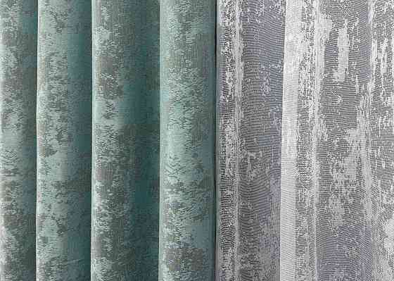 Комплект штор VR-Textil Жаккард Мрамор 150х270 2шт и Тюль 600х270 1148ш-1400т Бирюзово-серый с белым 71-118/5 Киев