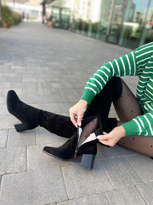 Nivelle Ботфорти зимові жіночі з натуральної замші чорні на підборах, наповнювач євро-вовна 536 Коломия - фото 4