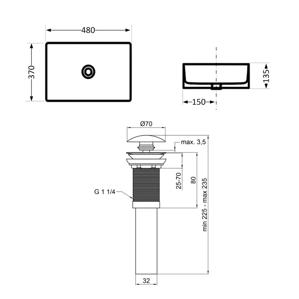Комплект Qtap Tern: Раковина накладна прямокутна 480х370х135 мм Matt Black + Донний клапан PU03 Київ - фото 8