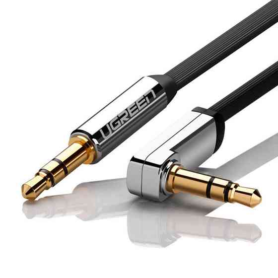 Аудіо кабель AUX 3.5 mm jack Ugreen з кутовим L-подібним штекером AV119 10599 (Чорний з сріблястим, 2м) Николаев