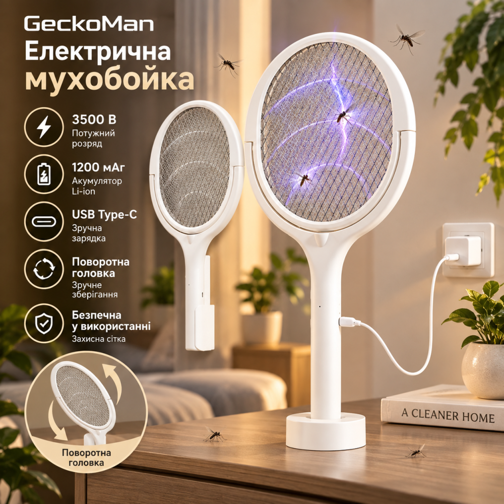 Електрична мухобойка GeckoMan — 3500 В, акумулятор 1200 мАг, USB Type-C, поворотна головка Київ - фото 1