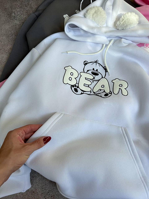 Жіноче тепле затишне оверсайз худі з вушками тринитка на флісі та хутро Молочний Одеса - фото 3