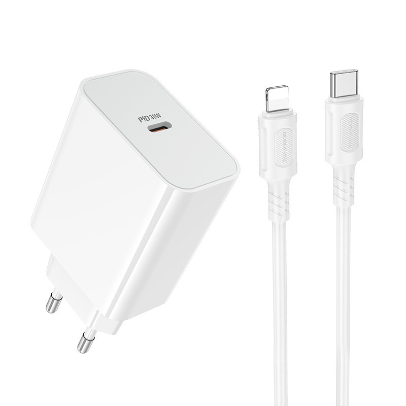 Мережевий зарядний пристрій з кабелем BOROFONE BA107A Stellar single port PD30W charger set (C to iP) (EU) White Одеса - фото 1