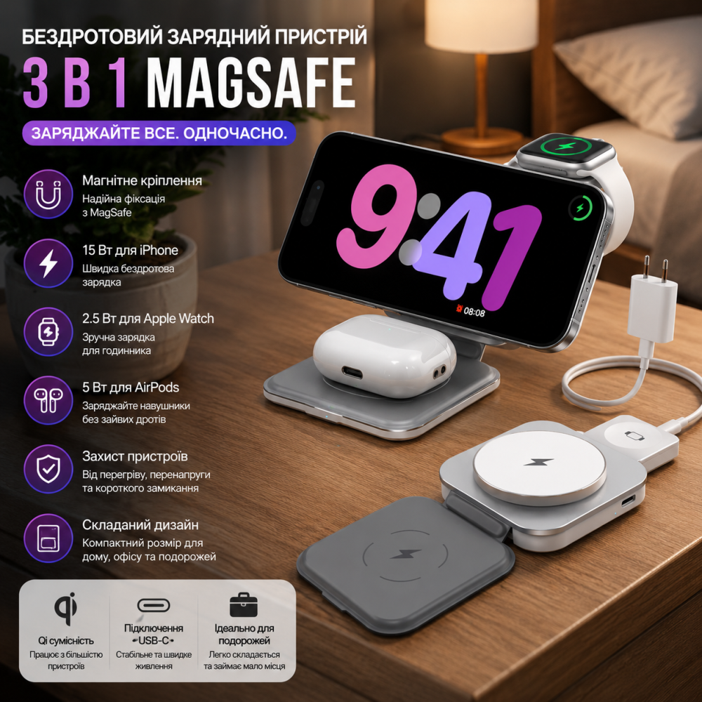 Беспроводное зарядное устройство KEEPRO 3 в 1 MagSafe 15 Вт для iPhone, Apple Watch и AirPods, складная магнитная зарядная станция Киев - изображение 1