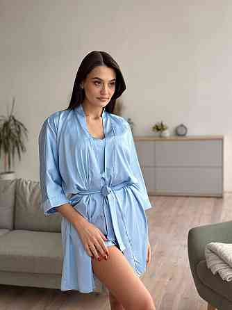 Халат жіночий шовковий під пояс довжина 90см Блакитний 3XL/4XL Харків