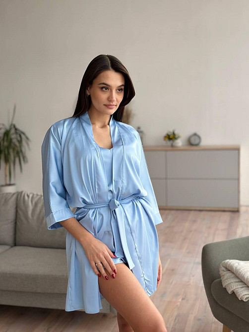 Халат жіночий шовковий під пояс довжина 90см Блакитний 3XL/4XL Харків - фото 2