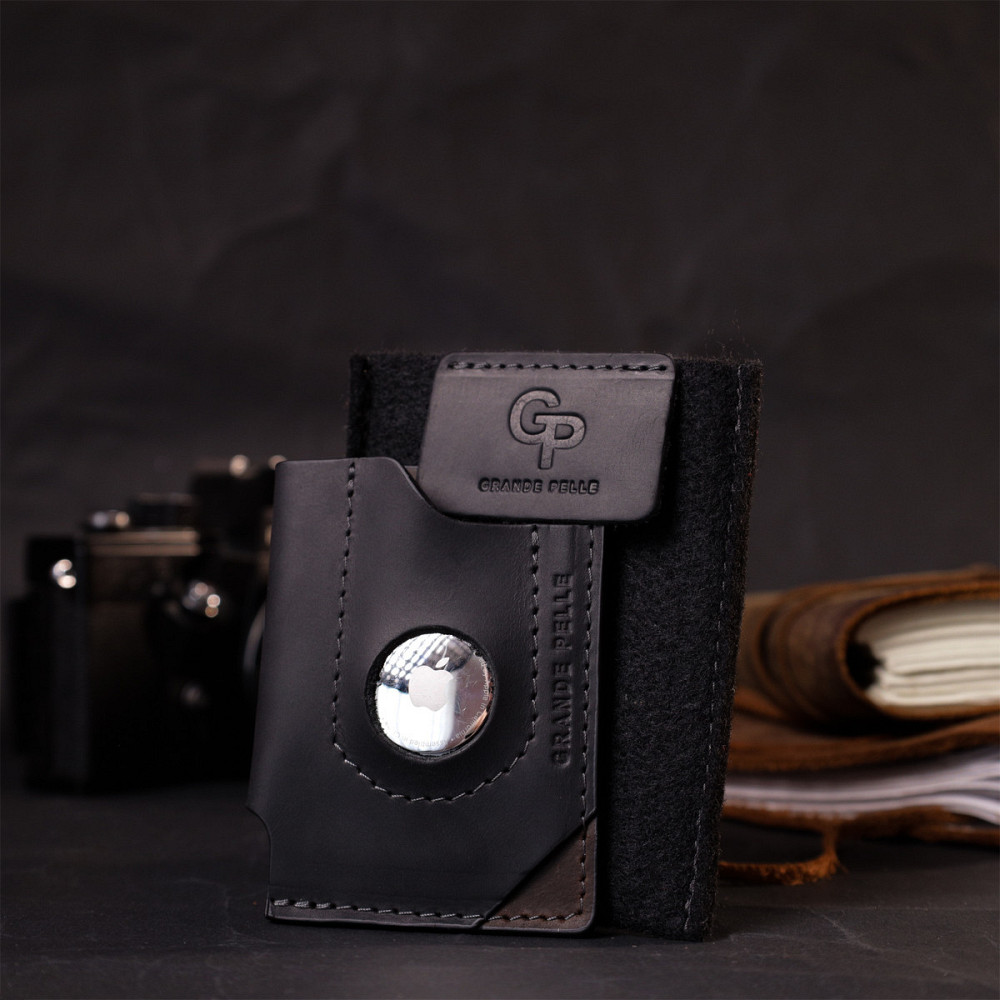 Цікавий картхолдер з утримувачем для Apple AirTag з натуральної шкіри GRANDE PELLE 11608 Чорний Київ - фото 1