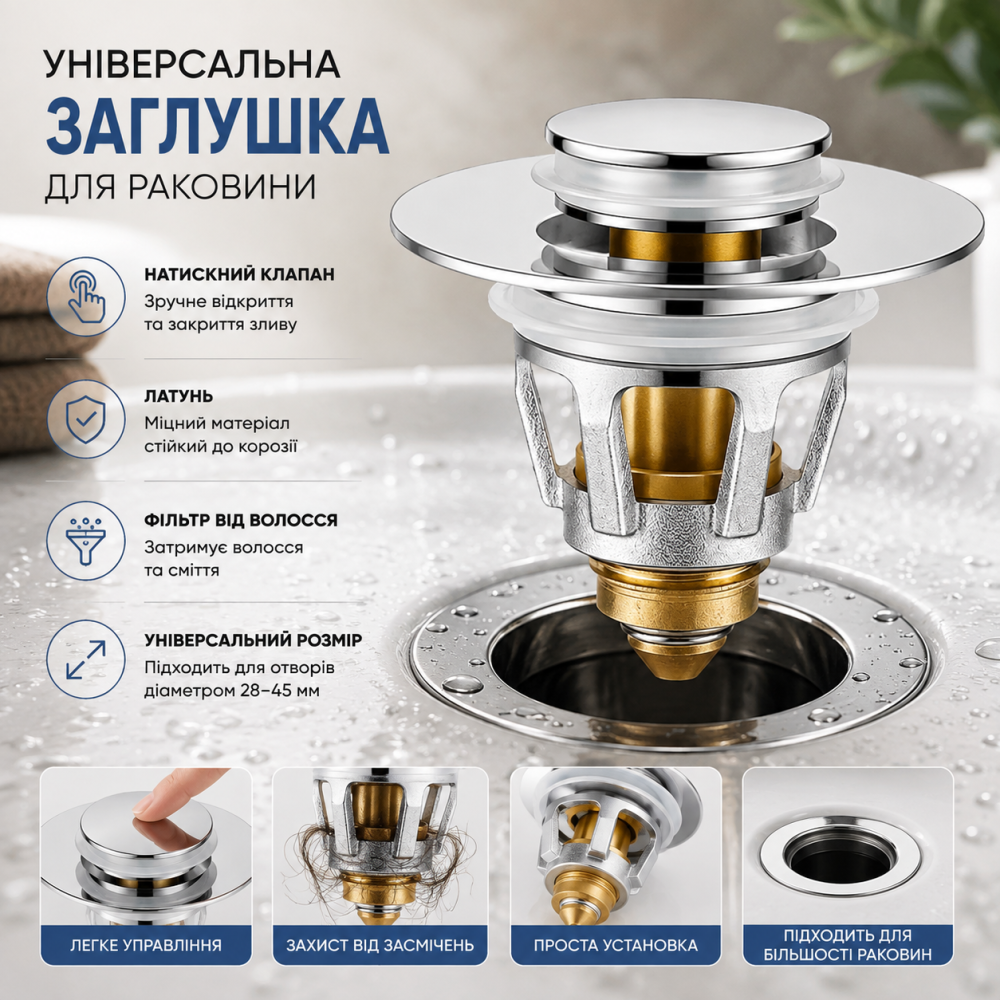 Универсальная заглушка для раковины Cieex 28–45 мм, нажимной клапан Pop-Up, латунь, фильтр от волос Киев - изображение 10