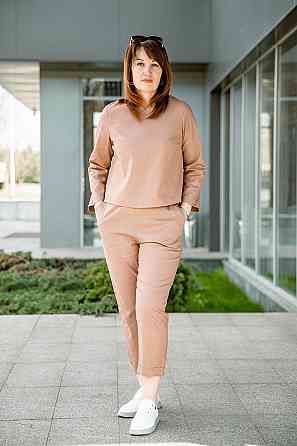 Костюм женский брючный, кофейный, лен стрейч ( комплект брюки + кофта ), топ Крохатушка одяг 44/46 Киев