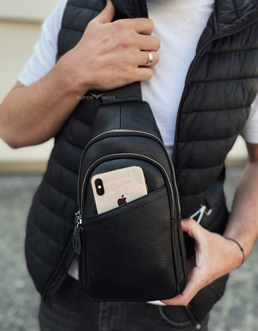 Сумка-слинг мужская через плече 17х32х8, бананка из натуральной кожи TIDING BAG A25F-515-1A черная Каменское - изображение 5