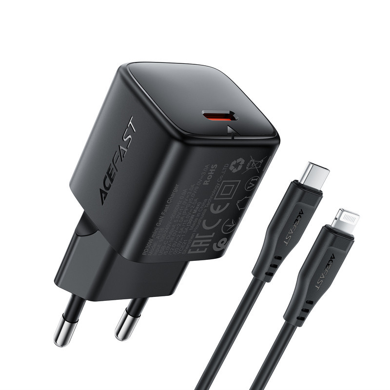Мережевий зарядний пристрій з кабелем ACEFAST A118 PD30W mini GaN USB-C fast charger set (P16) Black Одеса - фото 1