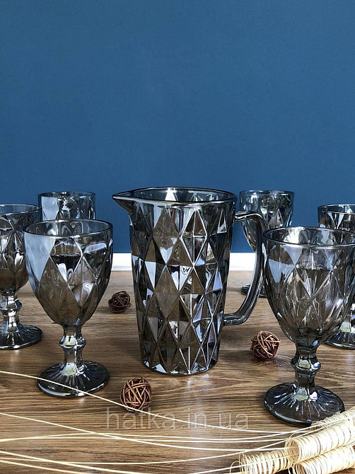 Набір 6 шт. келихів + глечик 1 л. «Дзеркальний Смарагд» 300 мл графітовий колір Київ - фото 4
