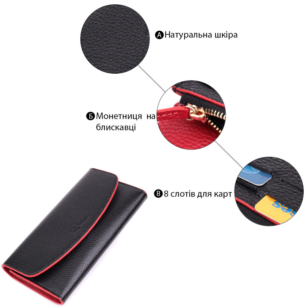 Женский кошелек с треугольным клапаном из натуральной кожи Черный (Tony Bellucci) Киев - изображение 8