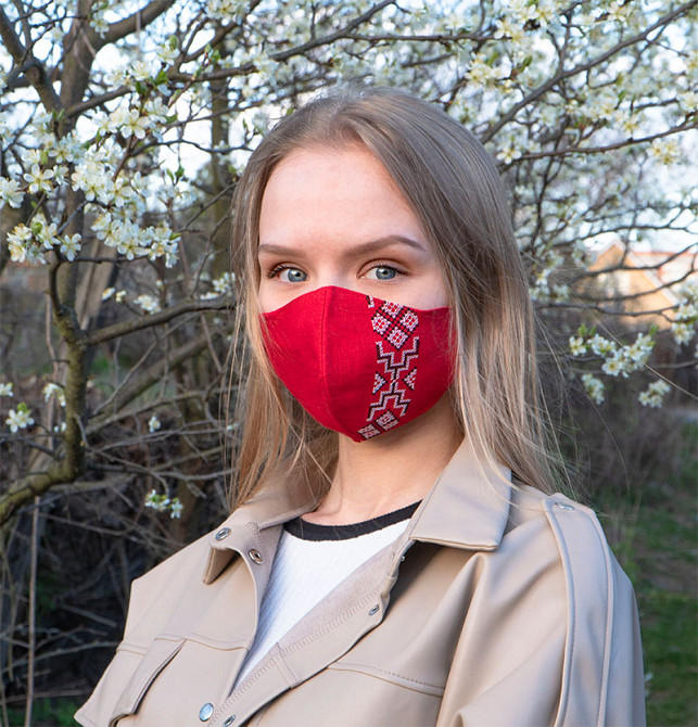 Маска защитная многоразовая из 100% ЛЬНА с Вышивкой Размер М (Красный) Сумы - изображение 4