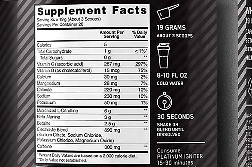 Передтренувальний комплекс Optimum Nutrition Platinum Igniter 380 g (Berry Lemonade Blast ) Луцьк - фото 2