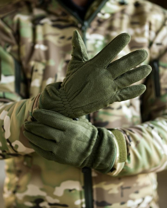 Утеплені замні флісові рукавички з хутром олива ПП8211 Одеса - фото 1