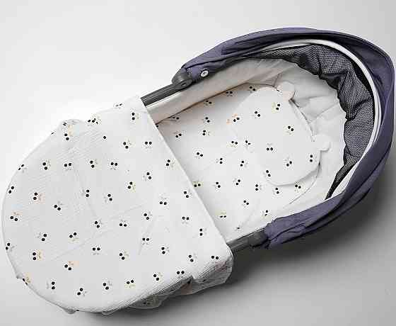 Комплект муслиновый 3 в 1 в детскую коляску - люльку (простынка на резинке, плед и подушка) Молочный в вишенку Кривой Рог