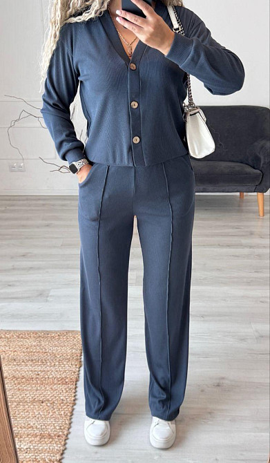 Жіночий стильний повсякденний костюм-двійка: кардиган на ґудзиках + штани трикотажний рубчик Графіт, 42/44 Одеса - фото 1