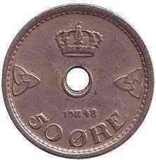 Монета 50 эре. 1948 год, Норвегия. (БД) Полтава