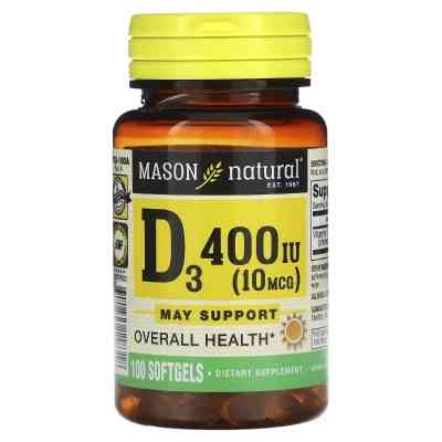 Вітамін Mason Natural Вітамін D3, 10 мкг (400 МО), Vitamin D3, 100 гелевих капсулВітамін D3, 10 мкг (400 МО), Vitamin (MAV-11831) Вінниця