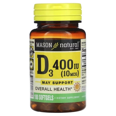 Витамин Mason Natural Витамин D3, 10 мкг (400 МЕ), Vitamin D3, 100 гелевых капсул (MAV-11831) Винница - изображение 1