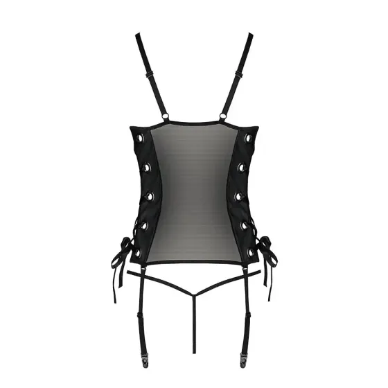 Сітчастий корсет з люверсами та знімними пажами Passion MALWIA CORSET S/M, black, екошкіра, стрінги Львов