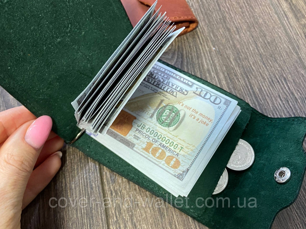 Шкіряний затискач для купюр та карток на кнопці зеленого кольору LQ Leather Київ - фото 6