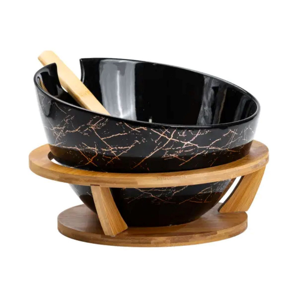 Салатниця на бамбуковій підставці з ложкою Ø 25 см чорна HP1245 Коломия - фото 1