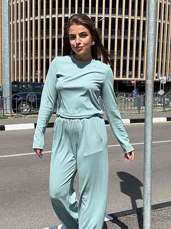 Женский костюм в рубчик с широкими штанами Оливковый XS/S Харьков