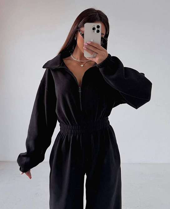 Женский стильный теплый комбинезон из флиса Черный Одесса - изображение 1