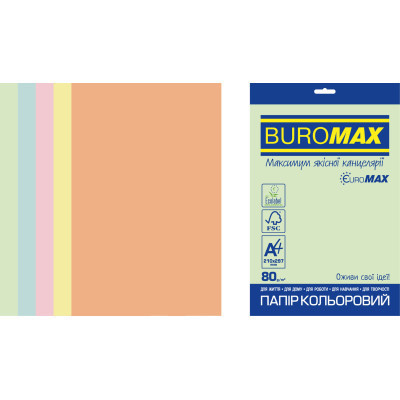 Бумага Buromax А4, 80g, PASTEL, 5colors, 250sh EUROMAX (BM.27212250E-99) Винница - изображение 1
