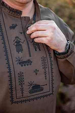 Вышиванка мужская с длинным рукавом хаки льон, рубашка мужская с вышивкой льняная вышиванки и рубашки мужские Киев