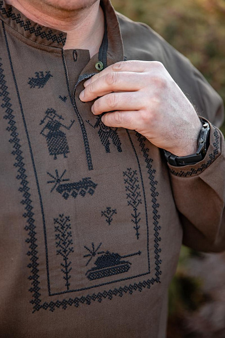 Вишиванка чоловіча з довгим рукавом хакі льон, сорочка чоловіча з вишивкою лляна вишиванка та сорочки чоловічі Київ - фото 3