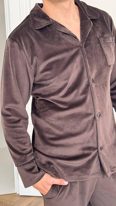 Пижама мужская велюровая на пуговицах Шоколадный XL Харьков - изображение 4