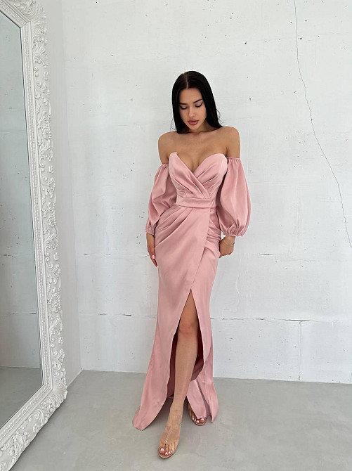 Женское роскошное вечернее платье со шлейфом и съемными рукавами из королевского атласа Пудровый, S Одесса - изображение 5